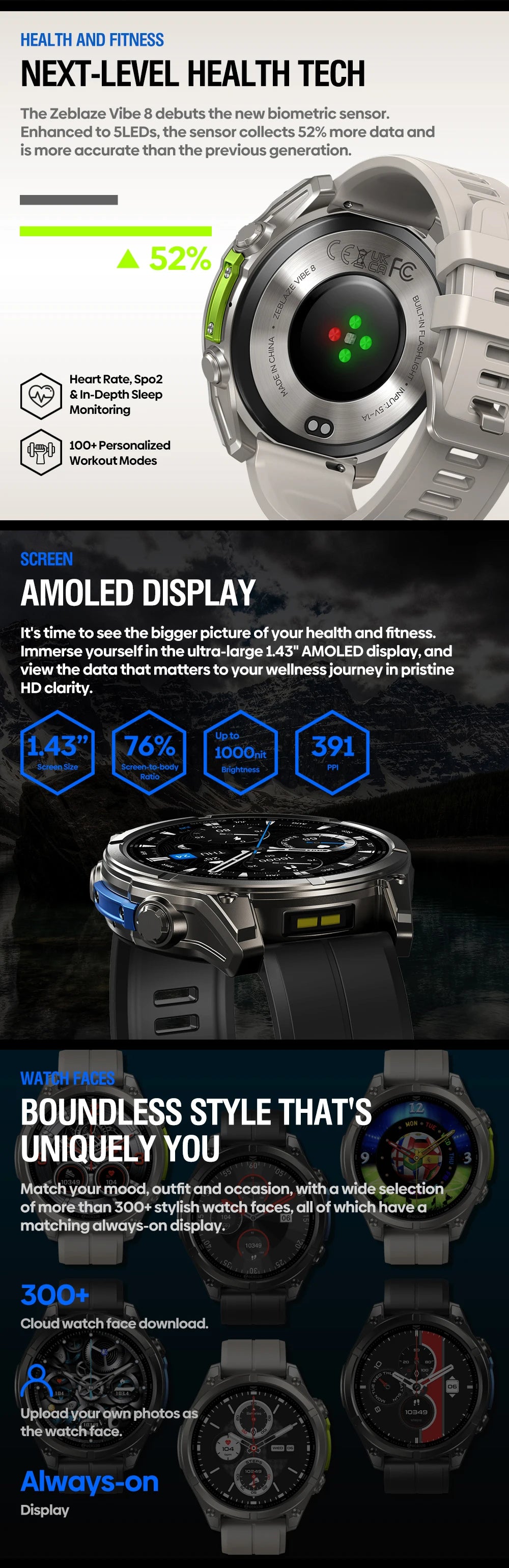 New Zeblaze VIBE 8 AMOLED Display Built-in Flashlight Smartwatch Sapphire Lens Make/Receive Calls HR/BP Monitoring Smart Watch