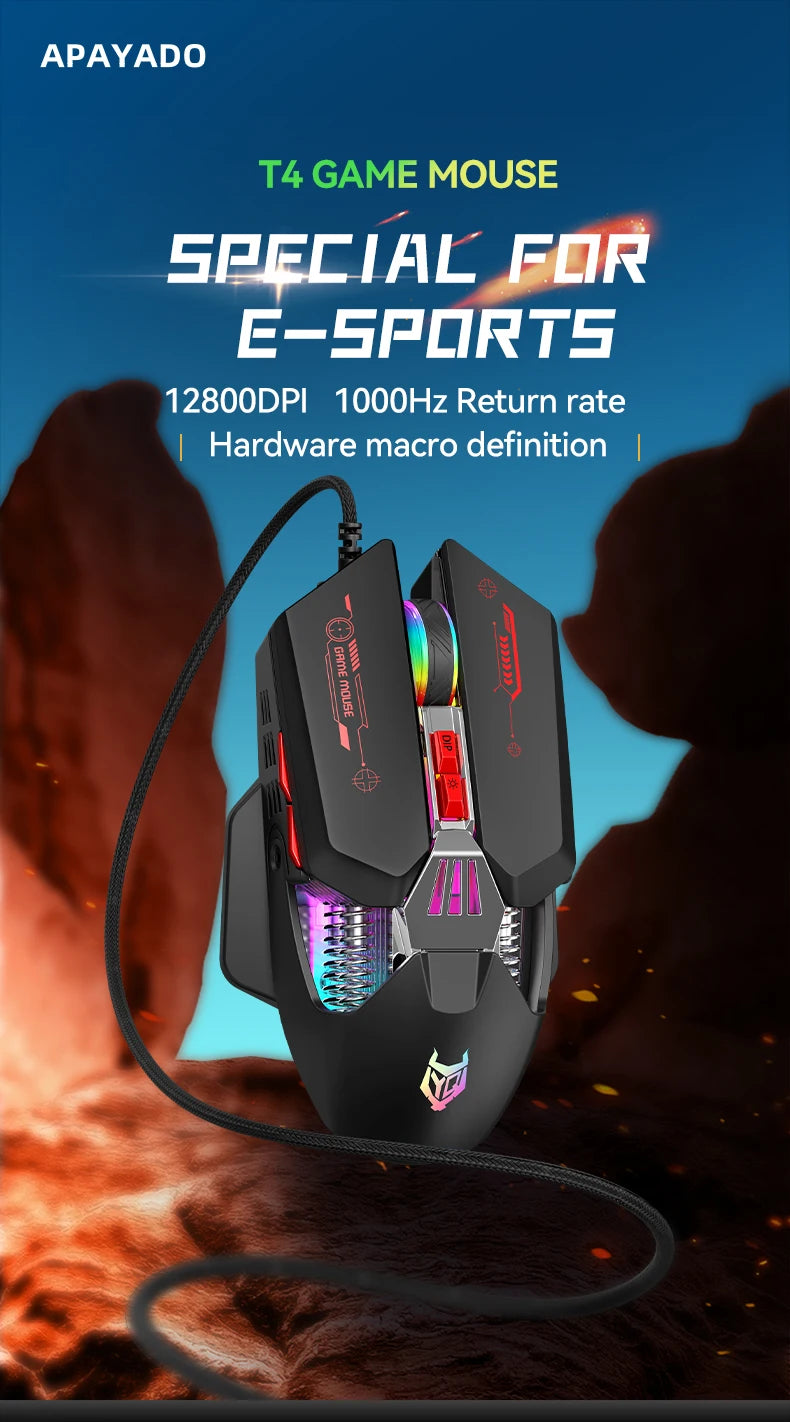 1K Hz Gaming Mouse Wired APAYADO T4 RGB Mouse with Ultra-light Cord 60IPS, 12800DPI for Laptop/Computer