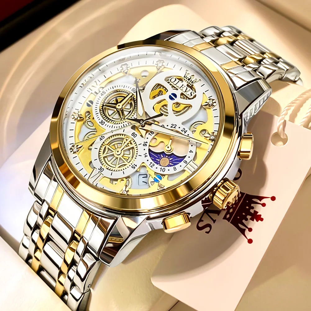 Montre pour homme OLEVS – Modèle de luxe, étanche, à quartz, style squelette, affichage 24 heures (jour/nuit), coloris doré