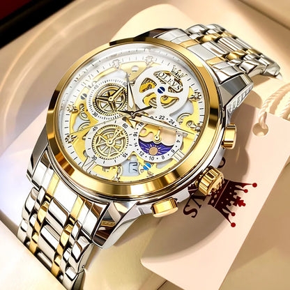 Montre pour homme OLEVS – Modèle de luxe, étanche, à quartz, style squelette, affichage 24 heures (jour/nuit), coloris doré