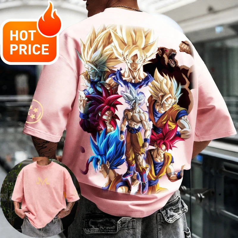 Sommer-Dragon Ball-T-shirt i 100 % bomuld med print af Goku i alle former – oversized gym- og streetwear-T-shirt i retrostil til voksne og børn