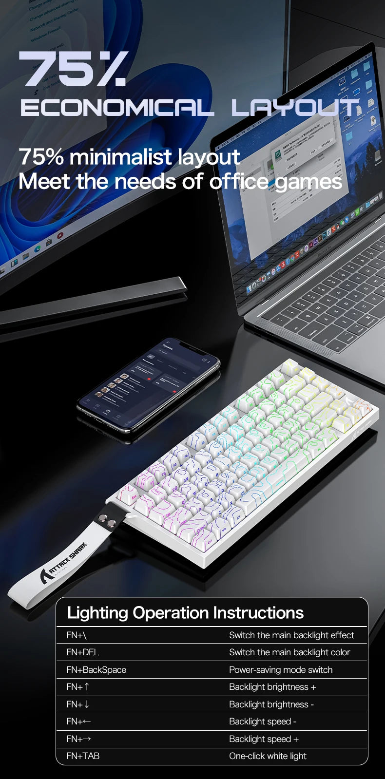 ATTACK SHARK R82 HE 75% Magnetic Keyboard 8000Hz Rapid Trigger 0.005mm RT 0.08ms Latency RGB Wired Gaming Keyboard