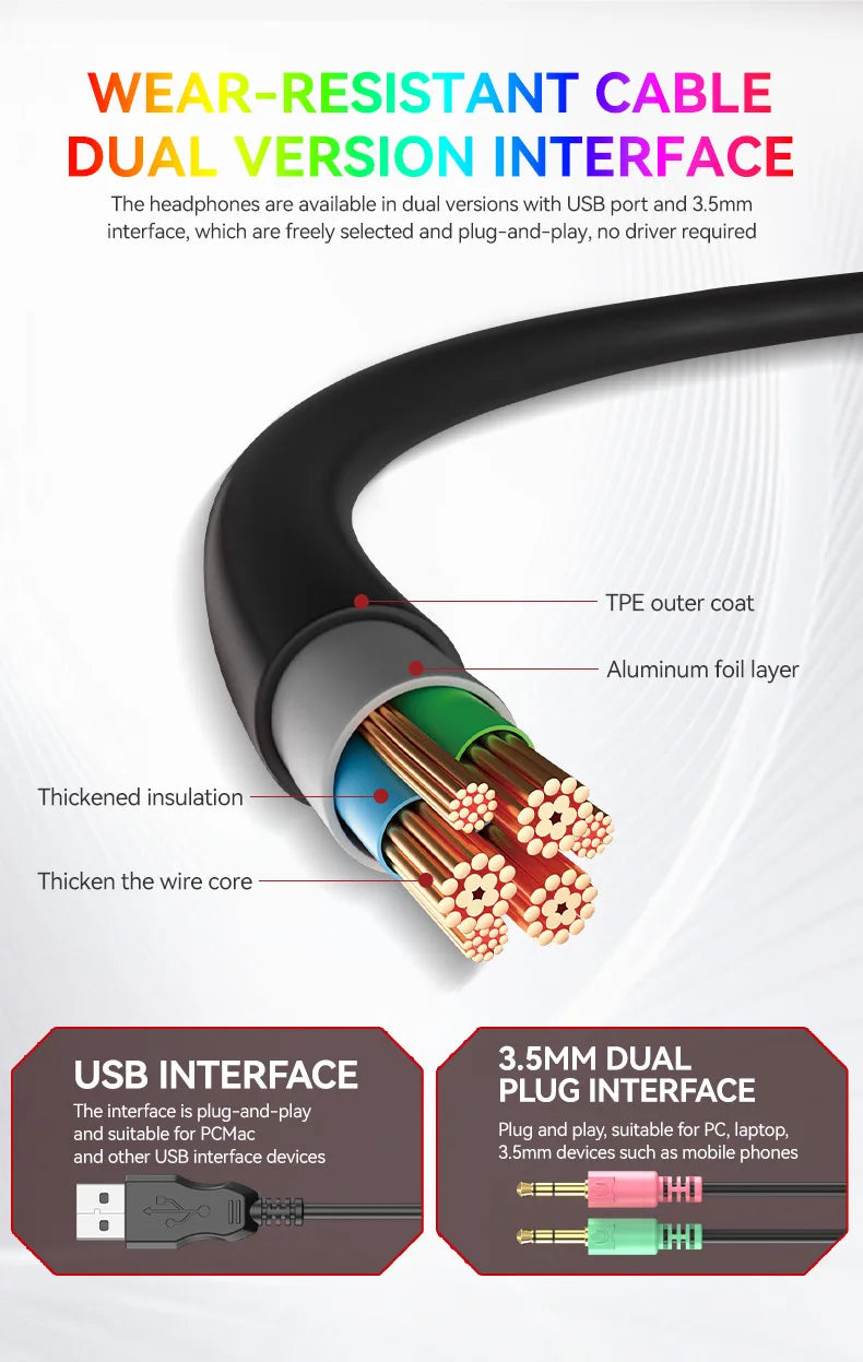 H120 RGB LED Light Wired Headphones USB 3.5mm Audio Interface Bass Stereo Sound Gaming Headsets with High Sensitivity Microphone