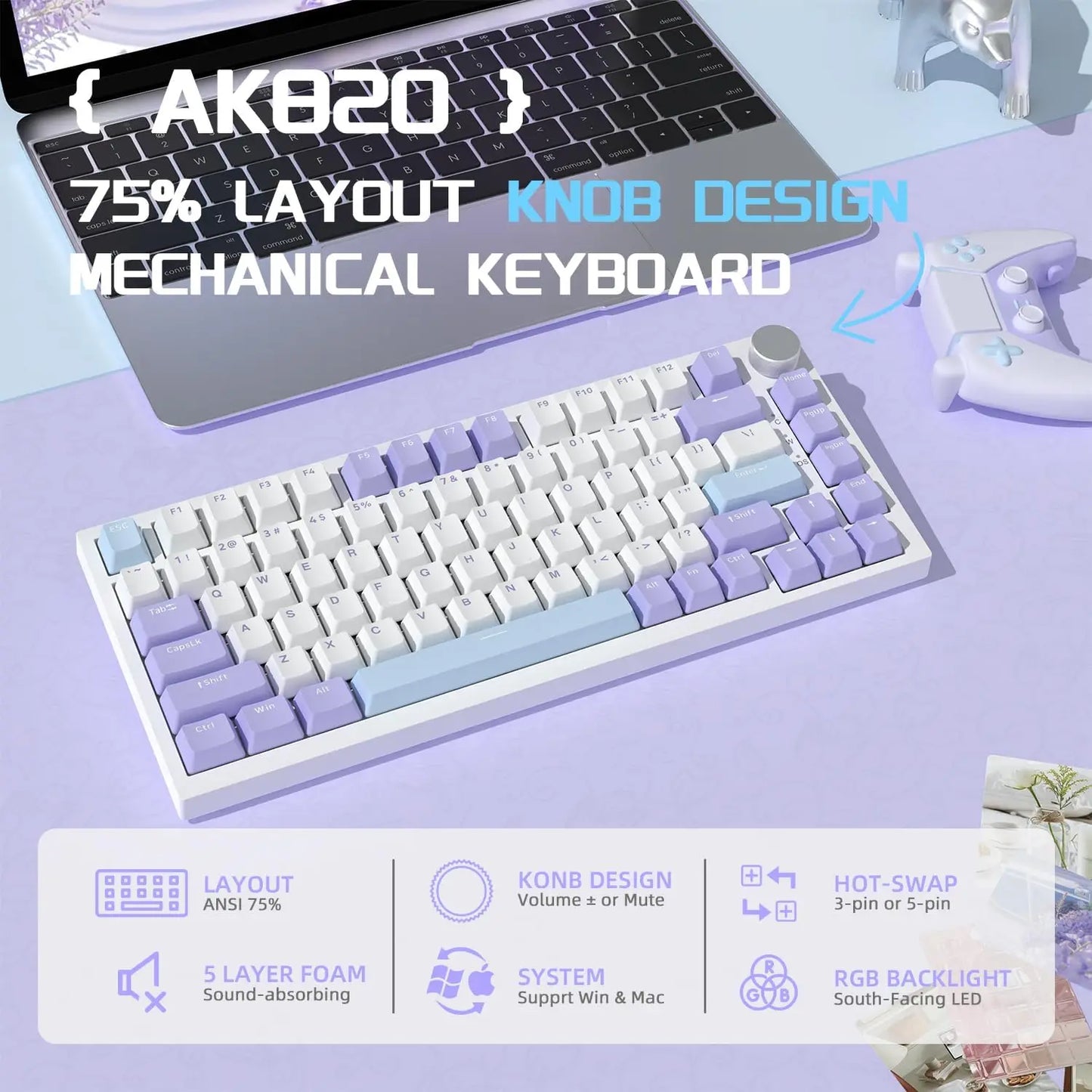 AJAZZ AK820 Wired Gaming Mechanical Keyboard RGB Backlight Hot-Swap Switches, 70% Compact Layout, PC/Mac Compatible
