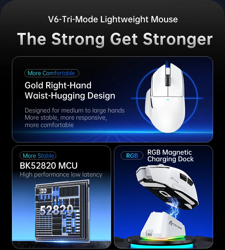 ATTACK SHARK V6 Wireless Gaming Superlight Mouse with RGB Magnetic Charging Dock, PAW3311 Sensor, Macro Gaming Mouse