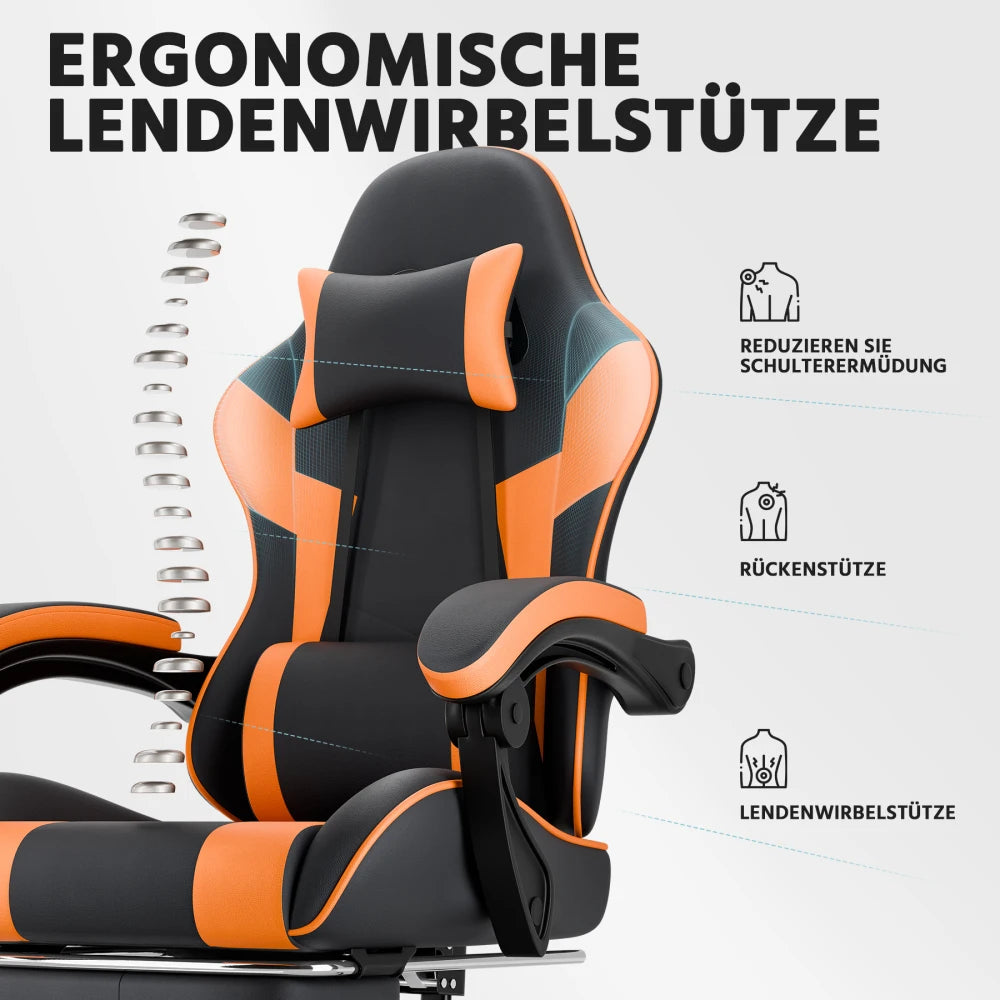 Gaming Chair Ergonomic Gaming Armchair with Lumbar Support, Breathable PU Leather Office Chair, Comfortable Computer Chair, Load Capacity 200kg, Adjustable Seat Height and Backrest, Black-Orange