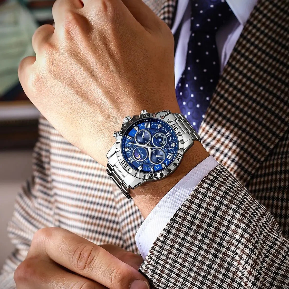 Pánské hodinky POEDAGAR – luxusní chronograf, vodotěsné a luminiscenční, z nerezové oceli, ve sportovním a vojenském stylu, s quartzovým strojkem
