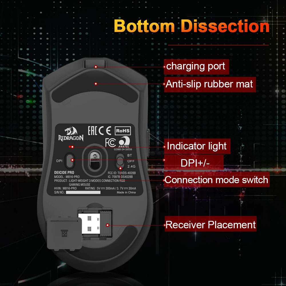 REDRAGON DEICIDE M816 PRO RGB USB Support Bluetooth 2.4G Wireless Gaming Mouse 26000 DPI 6 Buttons for Gamer Wired Mice Computer