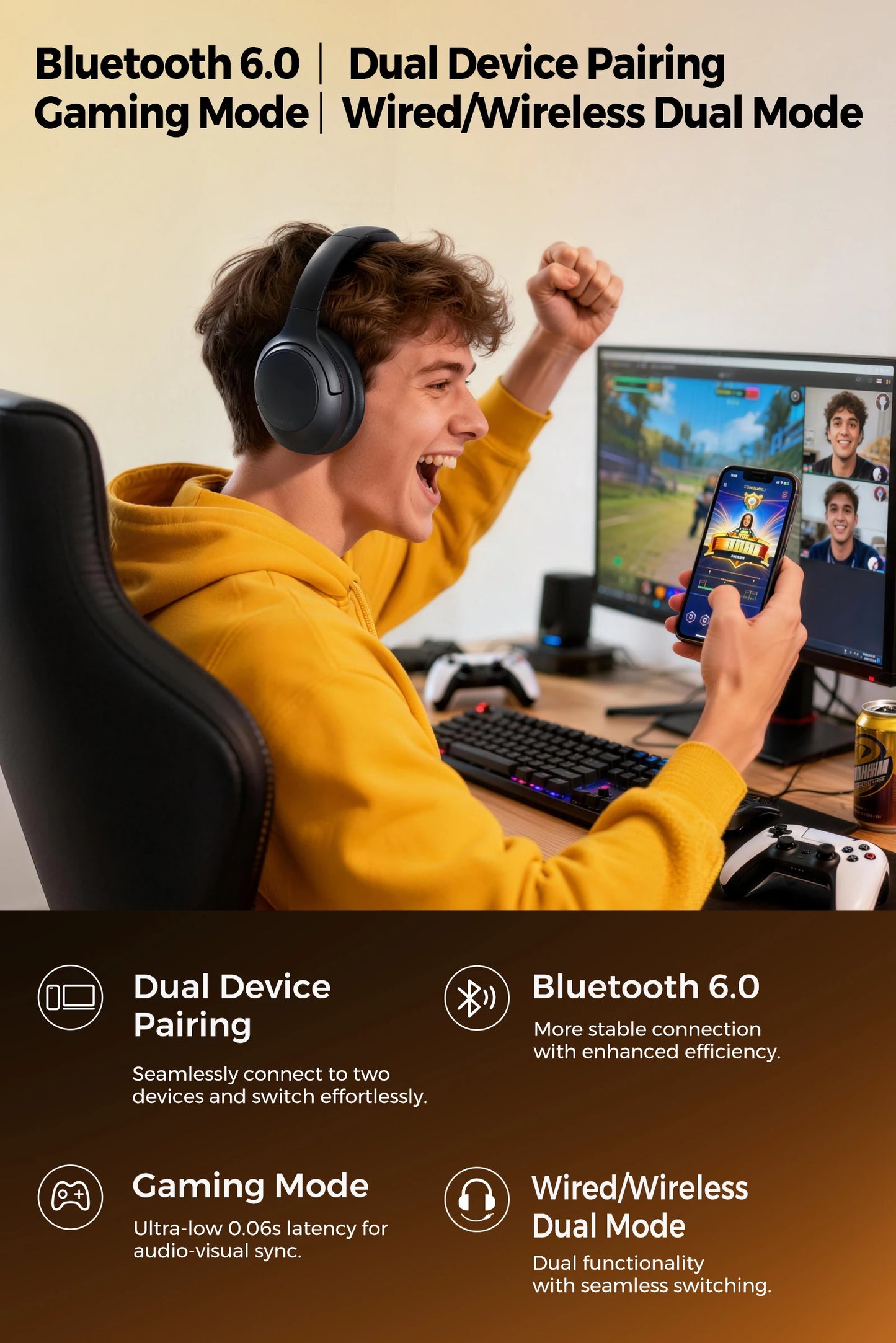 SoundPEATS Cove Pro Bluetooth 6.0 Headphones with 56dB ANC, Hi-Res LDAC Audio, 95H Battery, AI Noise Cancelling Wireless Headset