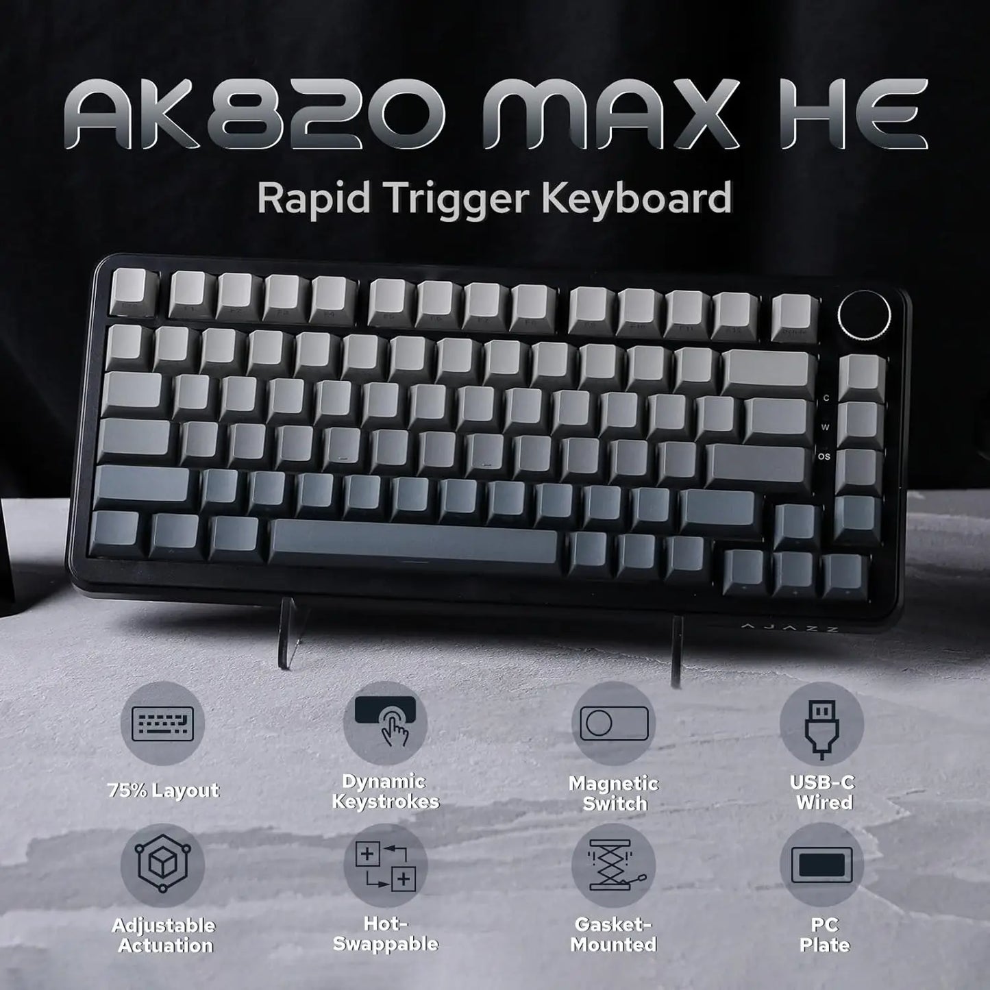 AJAZZ AK820 MAX Magnetic Switch Mechanical Gaming Keyboard, Wired 75% RGB Gasket Mechanical Keyboard with Type-C, Hot-Swappable PBT Keycaps, 8000Hz Polling Rate