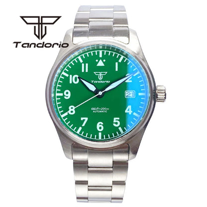 Tandorio 39 mm – męski zegarek automatyczny typu pilot nurkowy, mechanizm NH35/PT5000/Miyota8215, szafirowe szkło AR, wodoodporność 20 barów, świecące wskaźniki