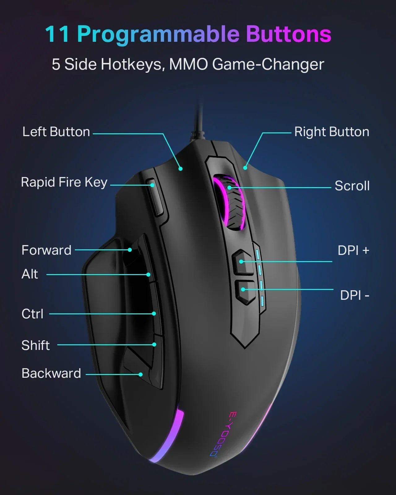 E-YOOSO X-41 Pro USB Wired Gaming Mouse RGB Backlit 12400 DPI 11 Buttons Programmable Ergonomic Mice for Work Computer PC Laptop