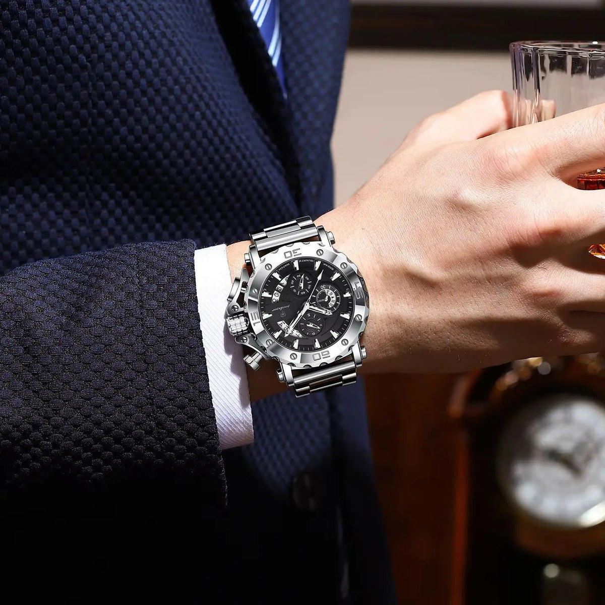Luxusné pánske hodinky POEDAGAR, svietiace, vodotesné, chronograf, dátum, nerezová oceľ, quartz, Reloj