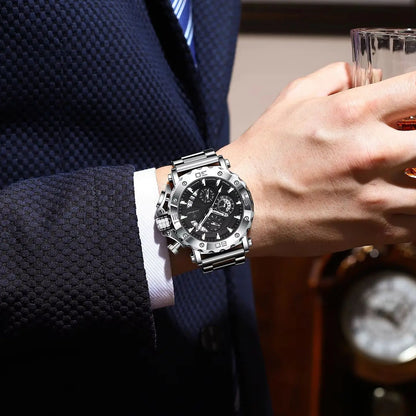 Luxusné pánske hodinky POEDAGAR, svietiace, vodotesné, chronograf, dátum, nerezová oceľ, quartz, Reloj