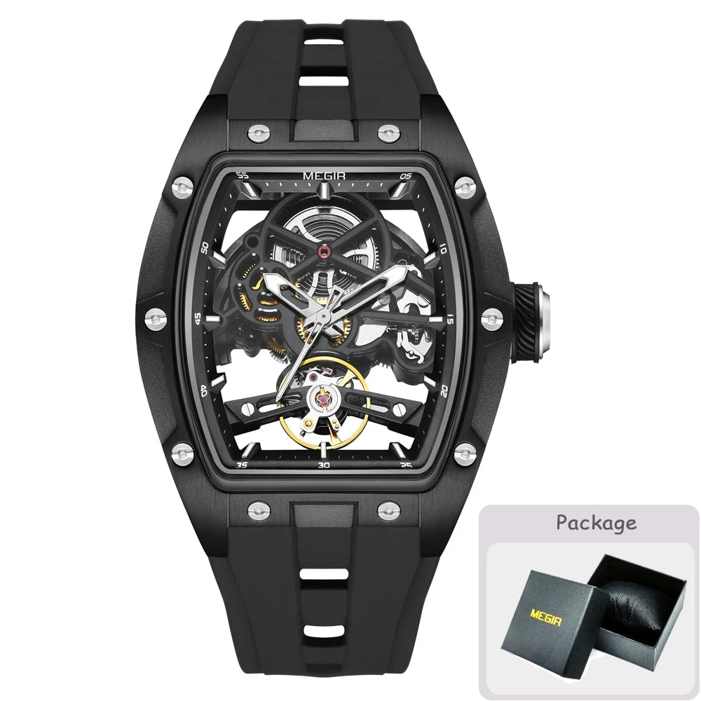 MEGIR mechanisch herenhorloge, tonvormig, opengewerkte skeletwijzerplaat, sportieve stijl, siliconen band, luxe automatisch horloge