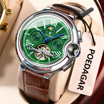 Orologio da uomo POEDAGAR, in stile lussuoso e professionale, con indicazione della data e del giorno, tourbillon, cassa in acciaio inossidabile, movimento meccanico a carica automatica e impermeabilità.