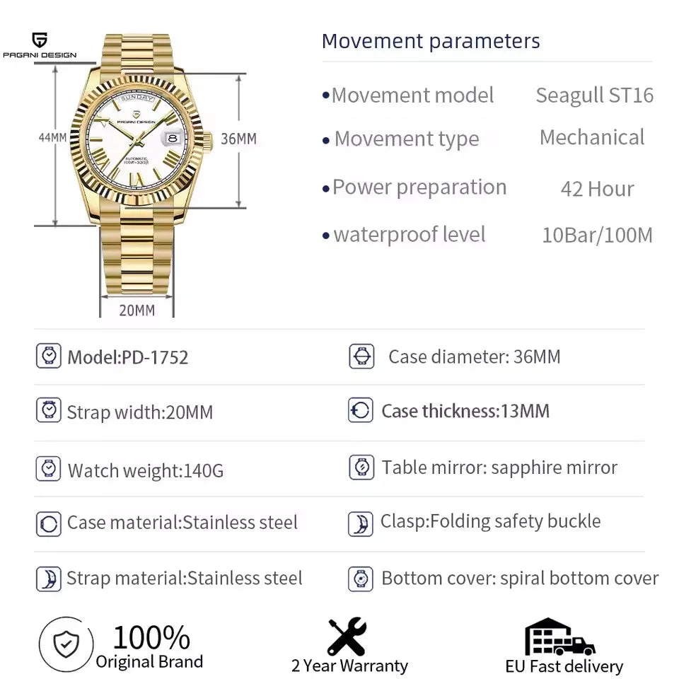PAGANI DESIGN Luxe herenhorloge met saffierglas, lichtgevende wijzers, roestvrij staal, week- en datumweergave, mechanisch, waterdicht, ST16 herenhorloge