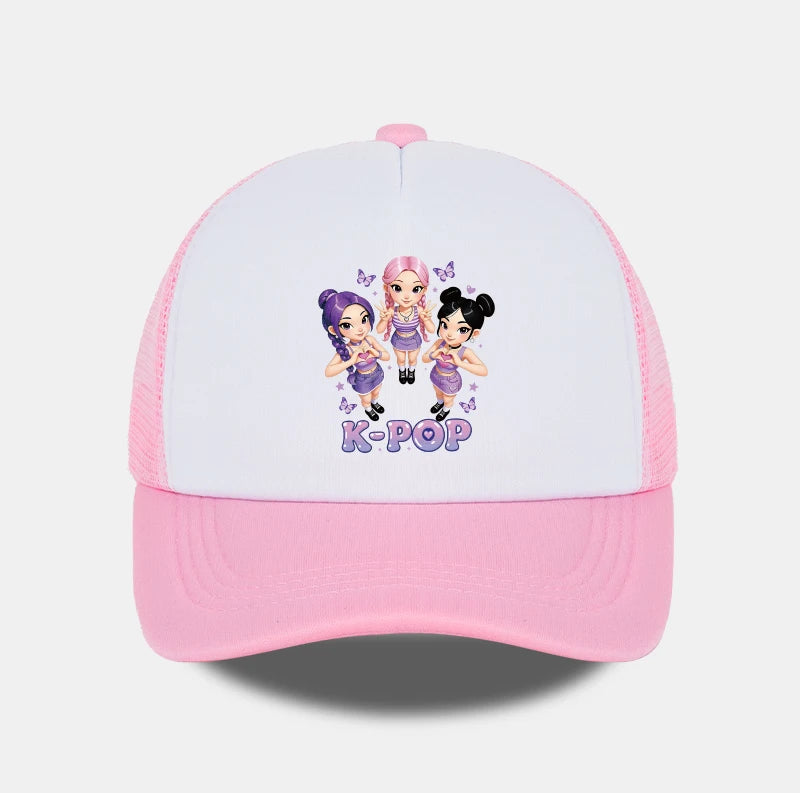 K-POP Cute Cartoon Girl Group Print Sponge Mesh Cap | Unisex Adjustable Mesh Baseball Cap | Y2K K-Pop Fan Street Style Sun Hat