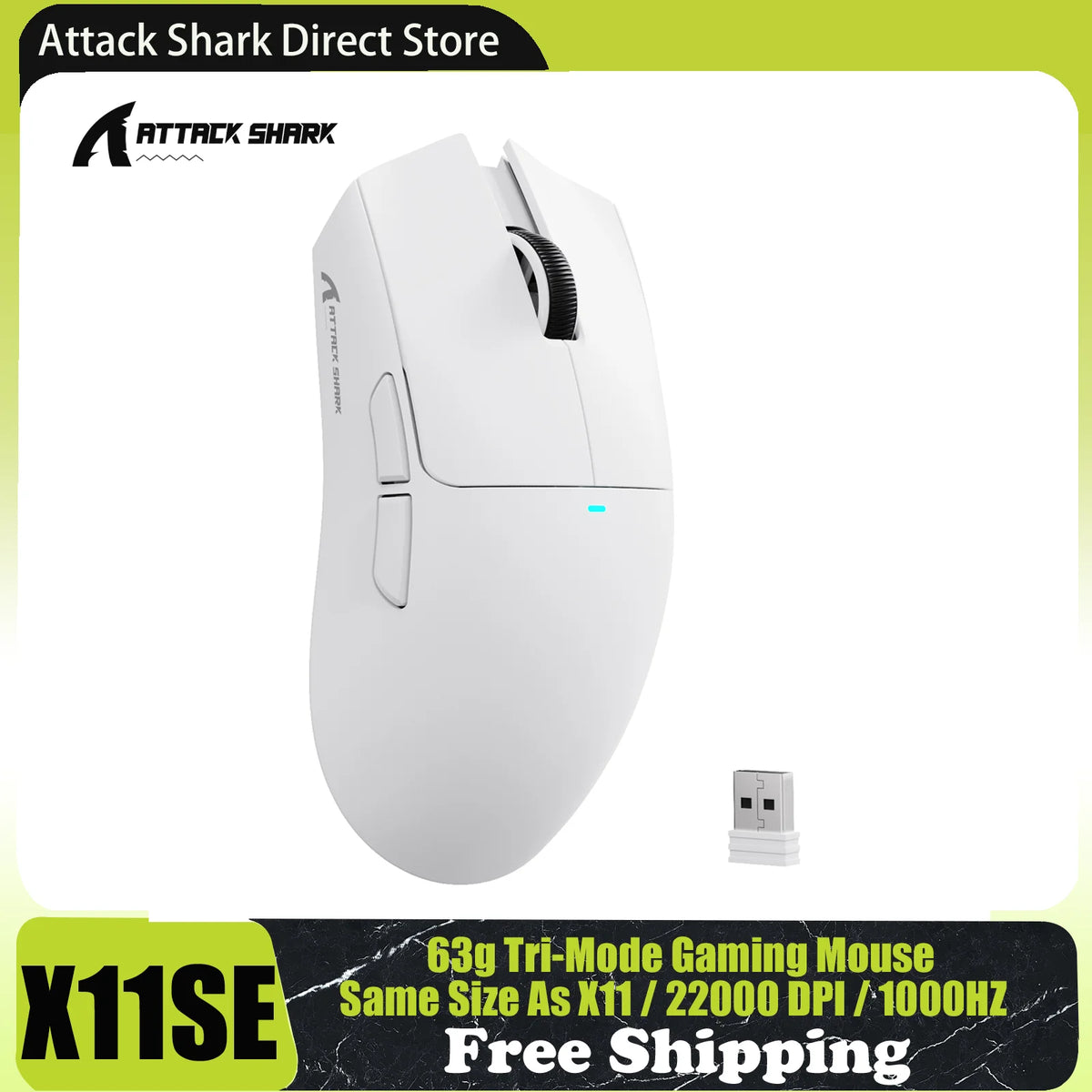 Rato Gaming Sem Fios ATTACK SHARK X11SE, Tri-Mode, Superleve de 63g com Sensor PAW3311, 22000 DPI, Bateria de 300mAh, Duplo Driver