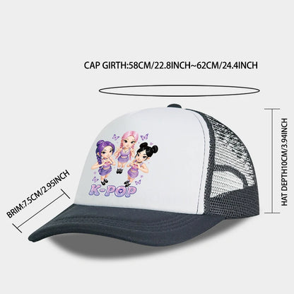 K-POP Cute Cartoon Girl Group Print Sponge Mesh Cap | Unisex Adjustable Mesh Baseball Cap | Y2K K-Pop Fan Street Style Sun Hat