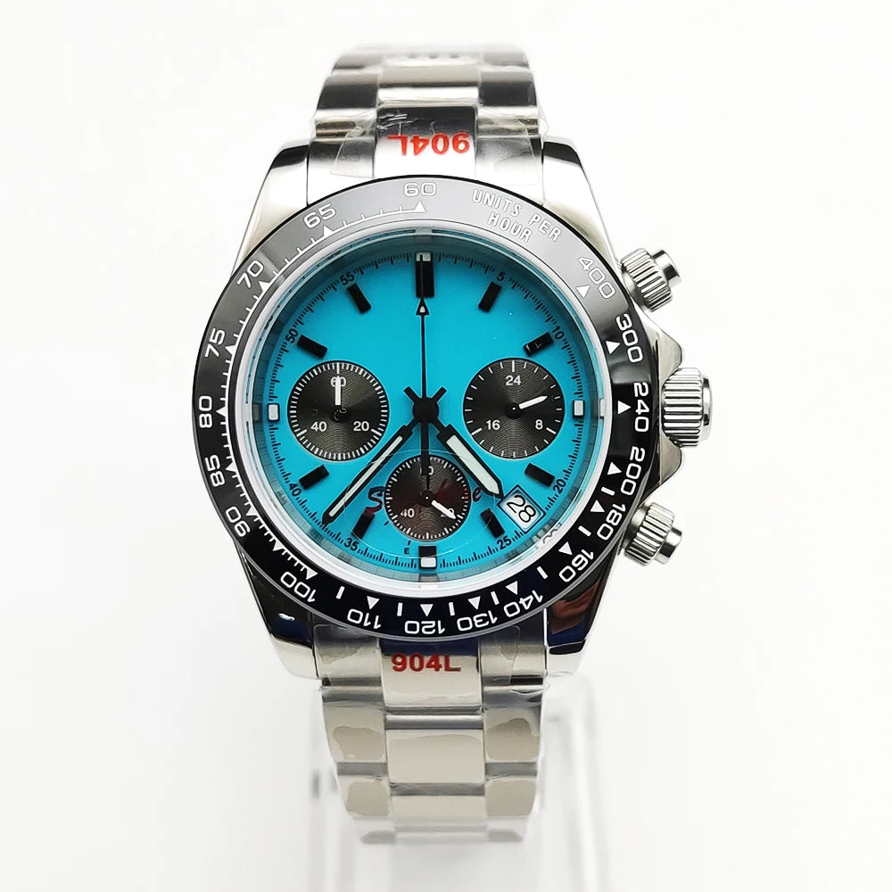 20 Color Business 39mm Quartz Watch Men's Timing Sapphire Crystal VK63 Movement Calendar Luminous Blue Dial Stainless Steel Strap
