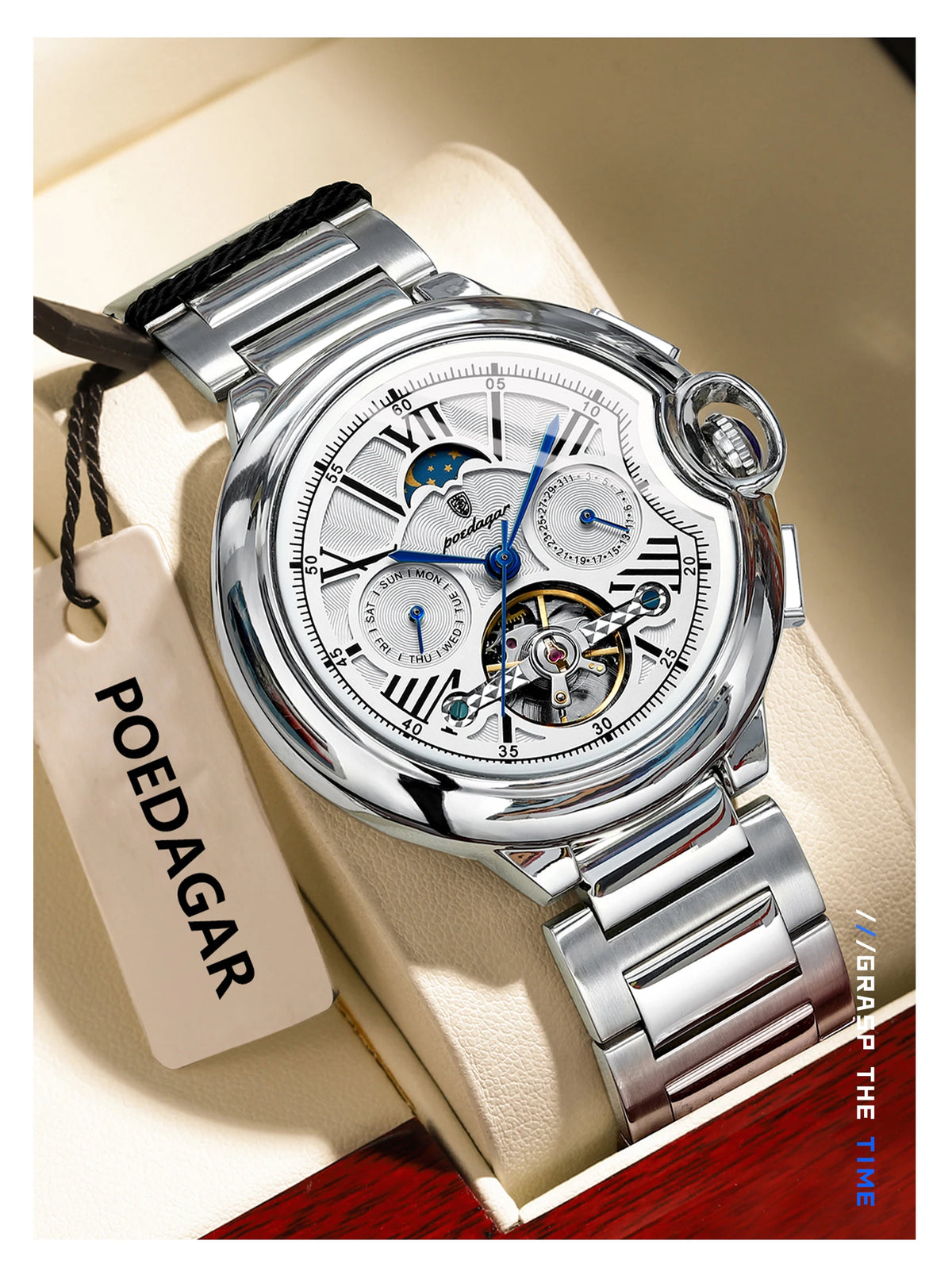 Orologio da uomo POEDAGAR, in stile lussuoso e professionale, con indicazione della data e del giorno, tourbillon, cassa in acciaio inossidabile, movimento meccanico a carica automatica e impermeabilità.