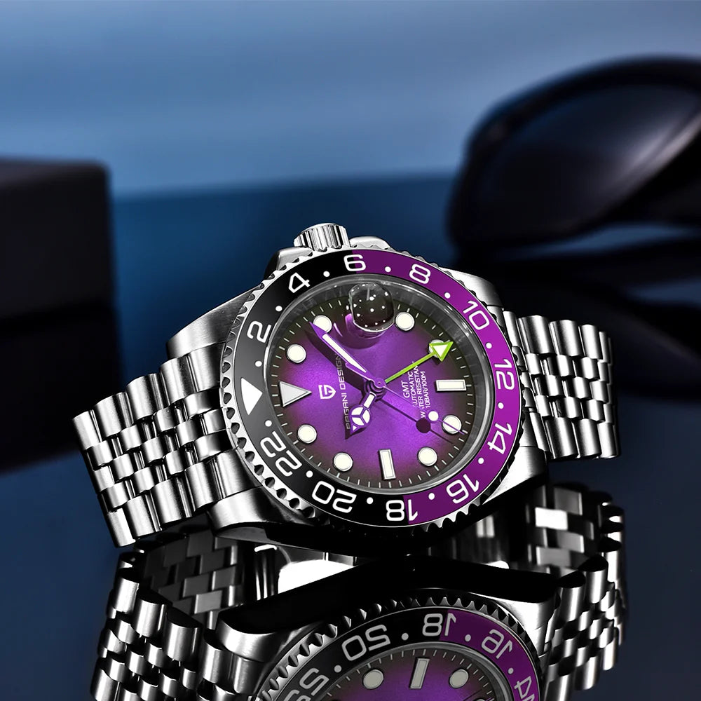 Механичен мъжки часовник Pagani Design GMT – Луксозен модел със сапфирен кристал, корпус от неръждаема стомана и керамична рамка – Автоматичен мъжки часовник, професионален стил