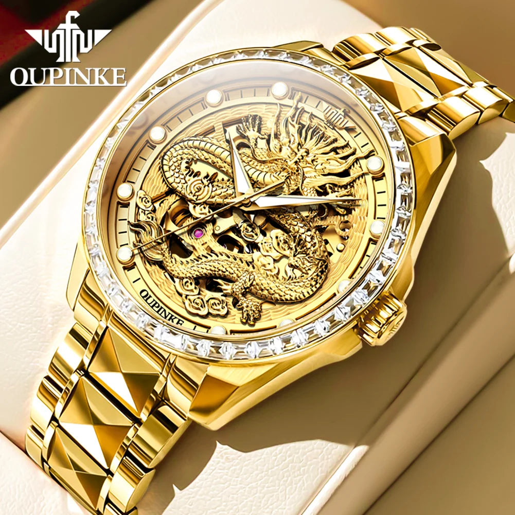 OUPINKE Men's Watches Top Brand Luxury Gold Tungsten Steel Original Automatic Mechanical Wristwatch Featured Dragon Pattern Dial