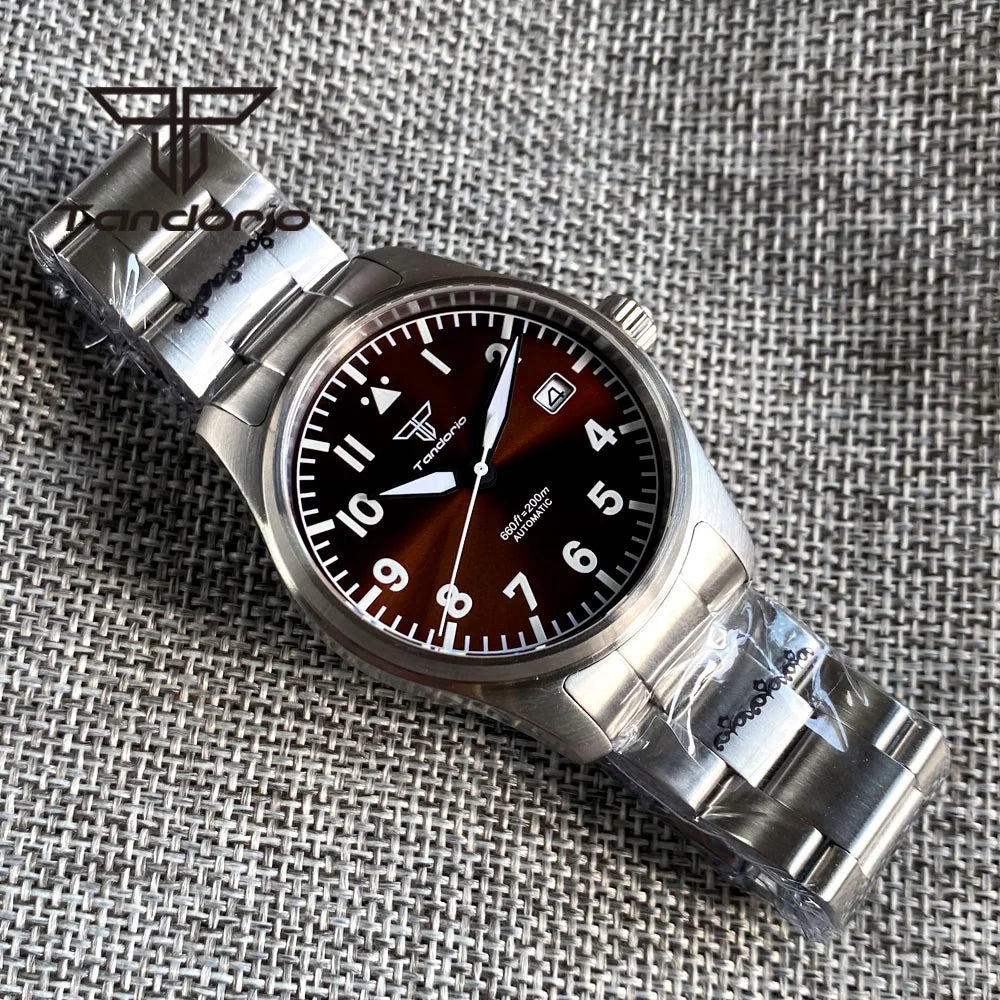 Tandorio 39 mm – męski zegarek automatyczny typu pilot nurkowy, mechanizm NH35/PT5000/Miyota8215, szafirowe szkło AR, wodoodporność 20 barów, świecące wskaźniki