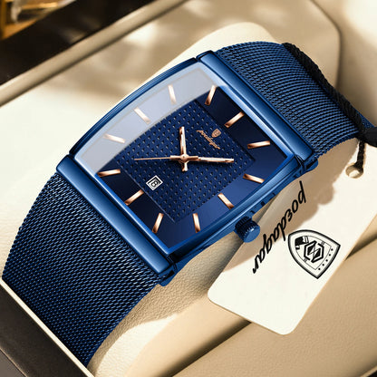 POEDAGAR men’s watch, luxury model, stainless steel mesh strap, date display, water-resistant, luminescent hands, casual style, rectangular case, quartz movement.