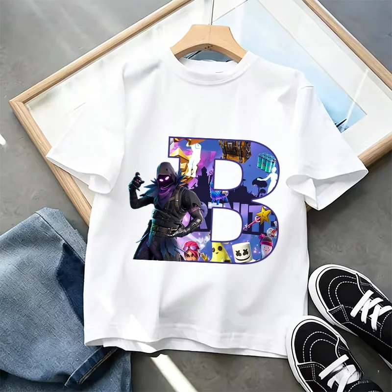 Fortnite A-Z Alphabet Print T-Shirt für Kinder, Sommer, weiß, beliebtes Cartoon-Game-Shirt, modisches Casual-Kurzarmtop, Geschenk
