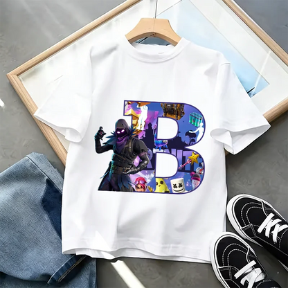 Fortnite A-Z Alphabet Print T-Shirt für Kinder, Sommer, weiß, beliebtes Cartoon-Game-Shirt, modisches Casual-Kurzarmtop, Geschenk