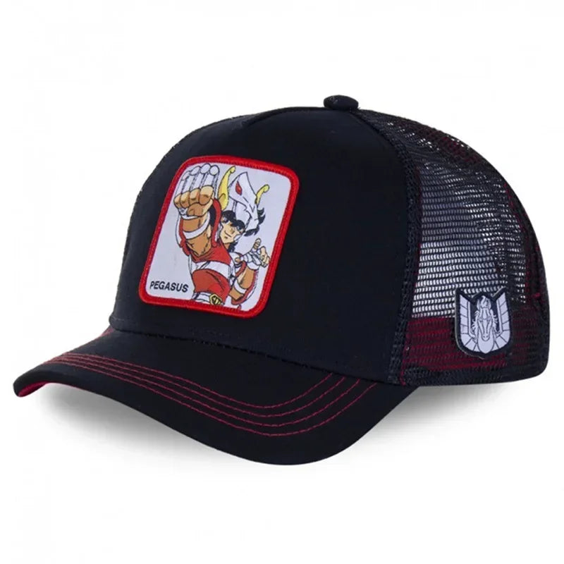 Saint Seiya Βαμβακερό καπέλο μπέιζμπολ τύπου snapback με μοτίβα anime και καρτούν για άνδρες και γυναίκες, στυλ hip hop και καπέλο trucker με πλέγμα για μπαμπάδες, Dropshipping