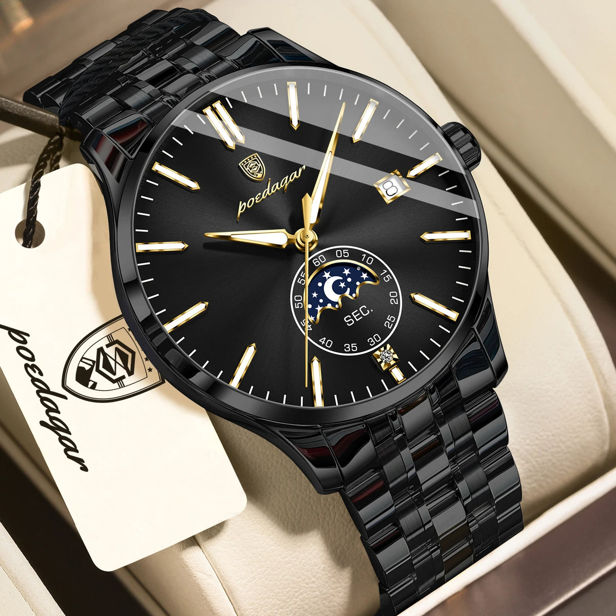 Reloj de lujo para hombre POEDAGAR, estilo informal, de acero inoxidable, de cuarzo, resistente al agua, luminiscente, con fecha, elegante.
