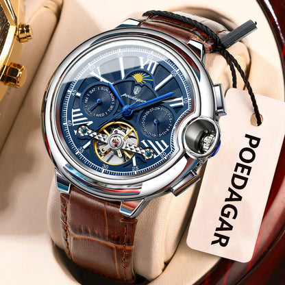 Orologio da uomo POEDAGAR, in stile lussuoso e professionale, con indicazione della data e del giorno, tourbillon, cassa in acciaio inossidabile, movimento meccanico a carica automatica e impermeabilità.