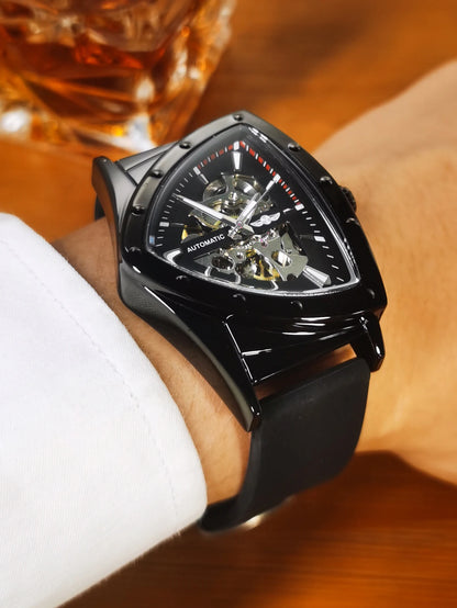 WINNER automatisk herreur, trekantet skeletdesign, selvlysende visere, gummiarmbånd, militærstil, luksuriøst mekanisk ur