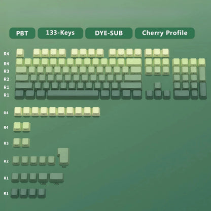 New 133 Keys Gradient Green Shine Through Keycaps Side Printed PBT Keycap Cherry Profile Double Shot for Mechanical Keyboards