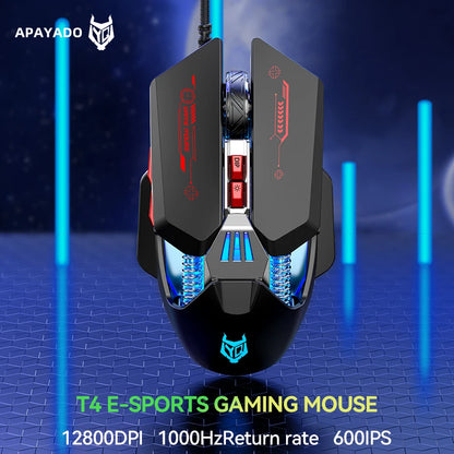 1K Hz Gaming Mouse Wired APAYADO T4 RGB Mouse with Ultra-light Cord 60IPS, 12800DPI for Laptop/Computer