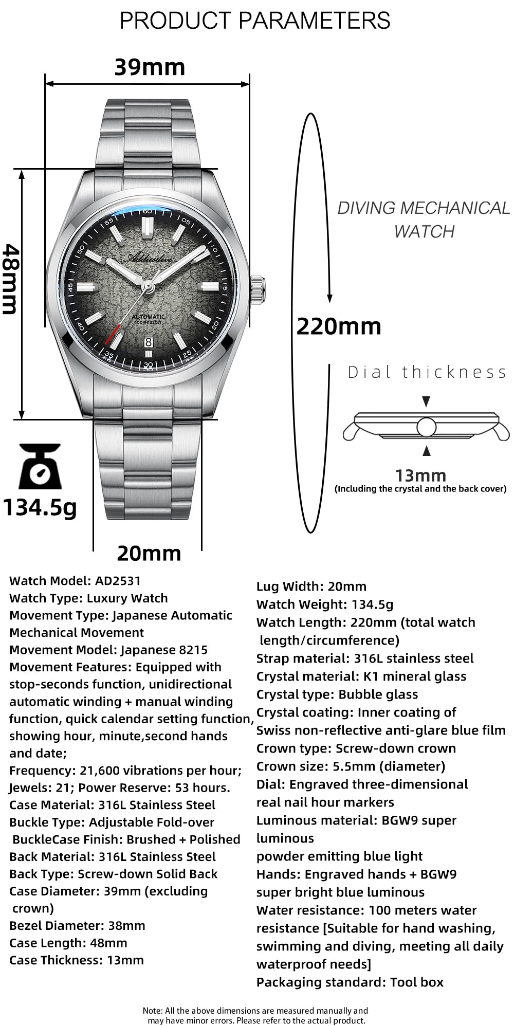 ADDIESDIVE Luxury Men's Automatic Watch BGW9 Super Luminous Bubble Mirror Glass 100m Waterproof Analog Men Steel Watches AD2531