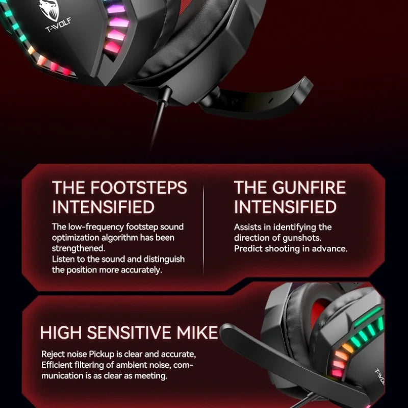H120 RGB LED Light Wired Headphones USB 3.5mm Audio Interface Bass Stereo Sound Gaming Headsets with High Sensitivity Microphone