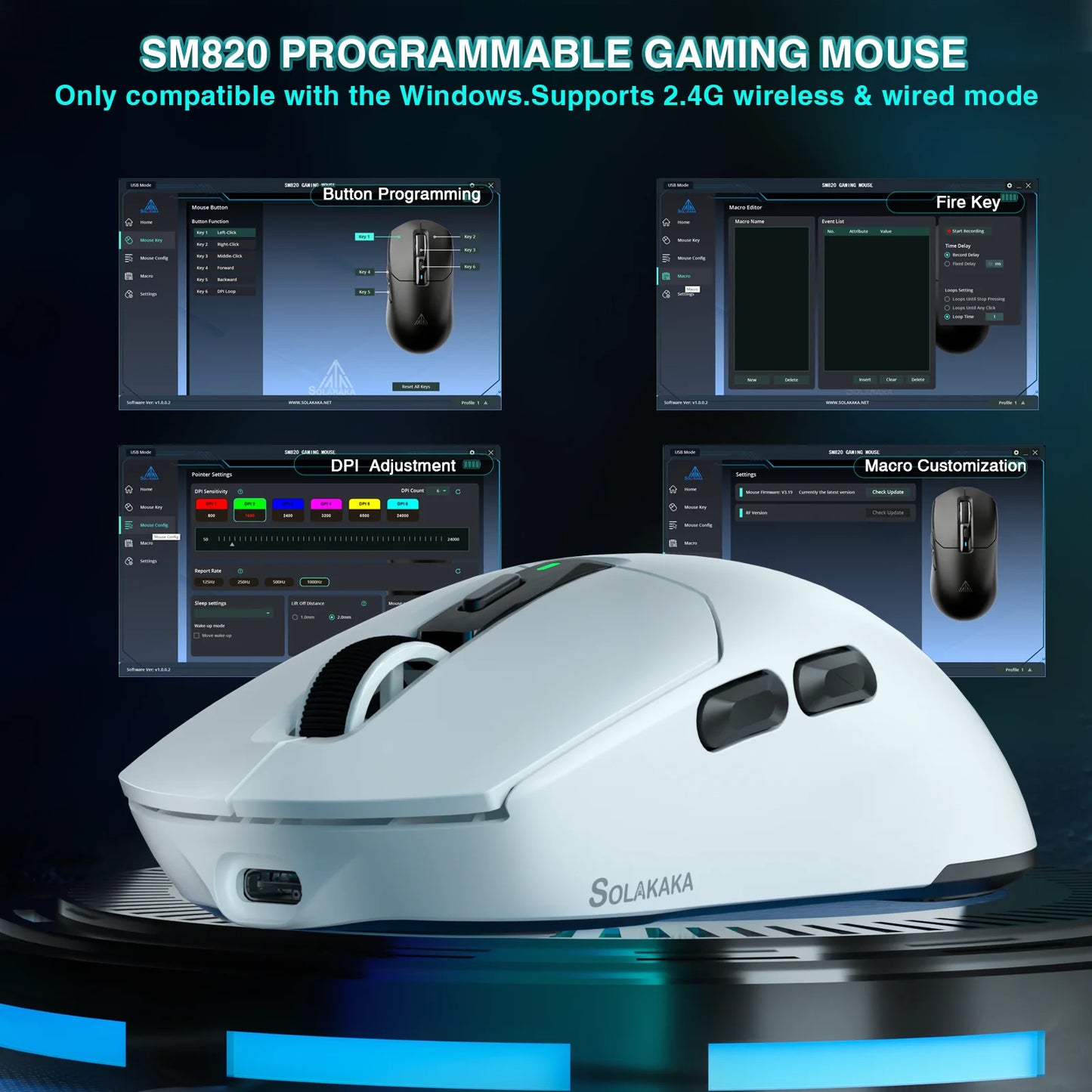 Mouse gaming wireless SOLAKAKA SM820 tri-mode, dock magnetic reîncărcabil, RGB, PAW3311, 24000DPI, macro, ultra-ușor