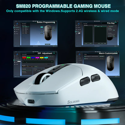 Mouse gaming wireless SOLAKAKA SM820 tri-mode, dock magnetic reîncărcabil, RGB, PAW3311, 24000DPI, macro, ultra-ușor
