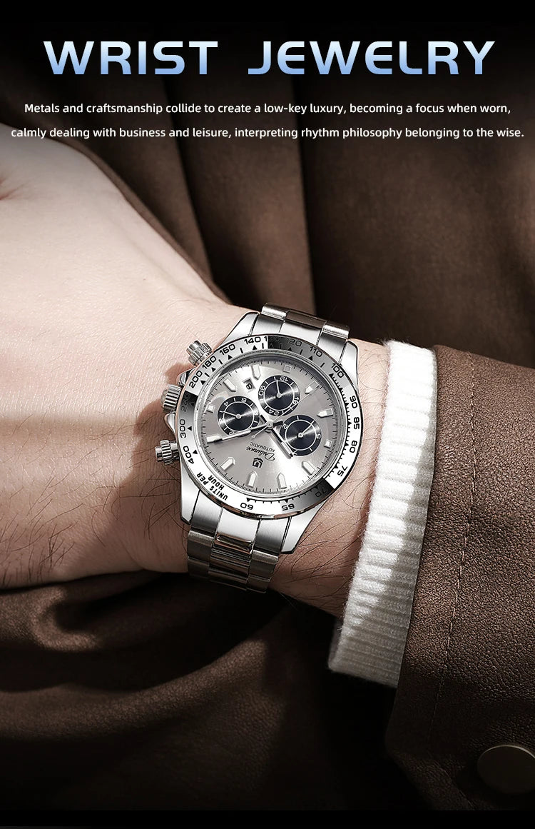 2026 NEW Automatic Mechanical Watch Man Silver Business Casual 3ATM Waterproof Multi-functional Men's Watches