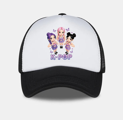 K-POP Cute Cartoon Girl Group Print Sponge Mesh Cap | Unisex Adjustable Mesh Baseball Cap | Y2K K-Pop Fan Street Style Sun Hat