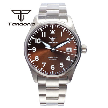 Tandorio 39 mm – męski zegarek automatyczny typu pilot nurkowy, mechanizm NH35/PT5000/Miyota8215, szafirowe szkło AR, wodoodporność 20 barów, świecące wskaźniki