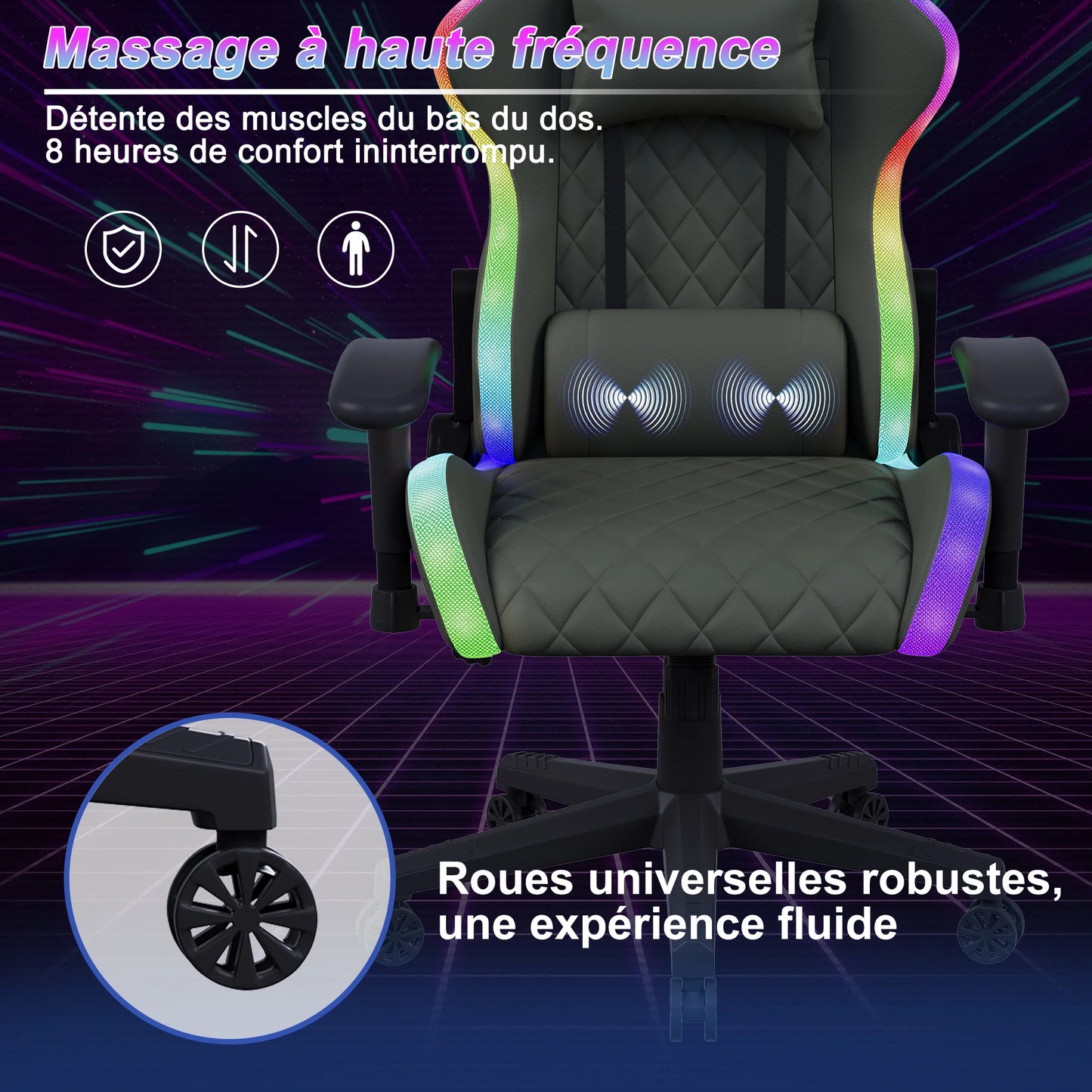 Rosahqnda Gaming Chair with Massage Function, Adjustable Office Chair, Gamer Chair with LED, Lumbar Cushion, Pillow, 150 KG