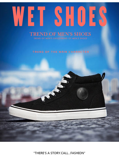 Högskurna canvas-sneakers för män, slip-on, snörningsbara, avslappnade, helt svarta, enkla skateskor för studenter, med platt sula, bekväma sportskor