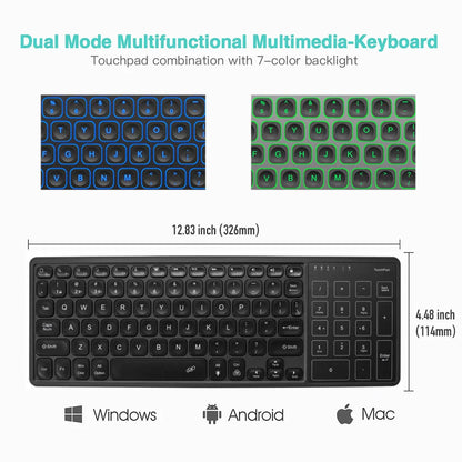 Backlit 7-Colors Bluetooth Keyboard with Touchpad 2.4G Wireless Multimedia Rechargeable Keyboard for Laptop PC Tablet