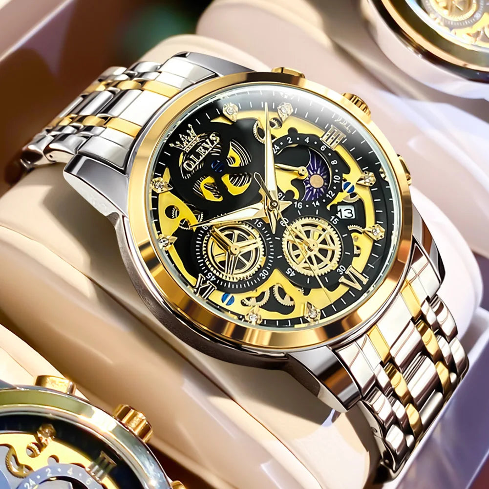 Montre pour homme OLEVS – Modèle de luxe, étanche, à quartz, style squelette, affichage 24 heures (jour/nuit), coloris doré