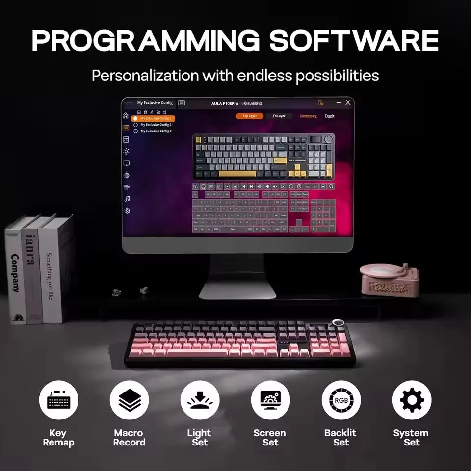 AULA F108 PRO Esports Gaming Mechanical Keyboard Three Mode Custom Multi-Knob RGB Backlight Keyboard with TFT Smart Display